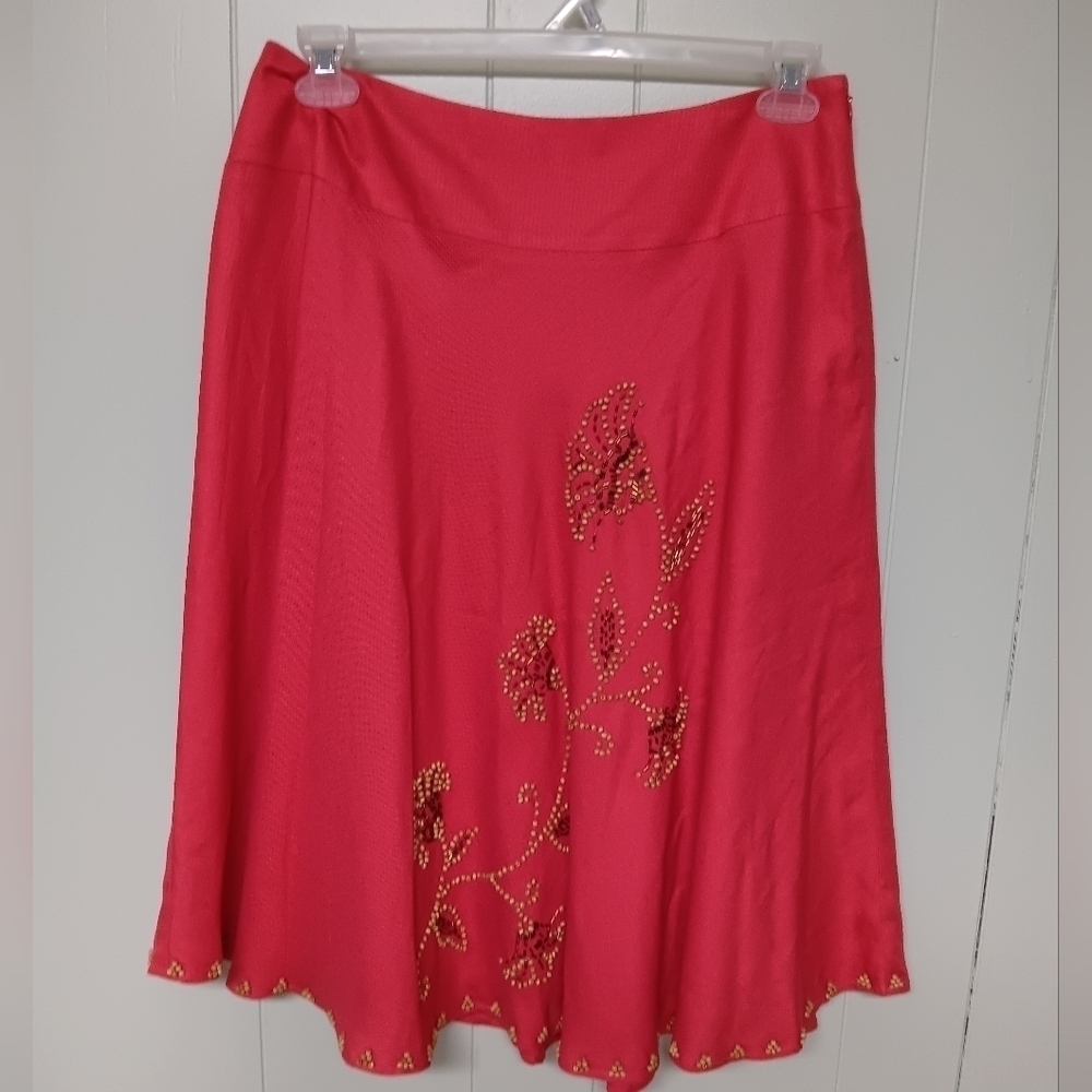 Womens PARISIAN signature Linen skirt sz 12 coral orangel beaded with sequins